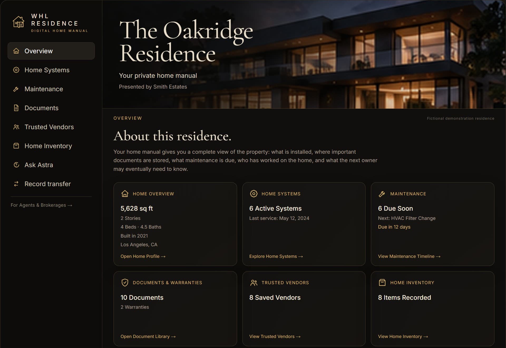 The Oakridge Residence home manual: the overview page, with the record's sections listed beside a photograph of the house and cards for systems, maintenance, documents, vendors, and inventory