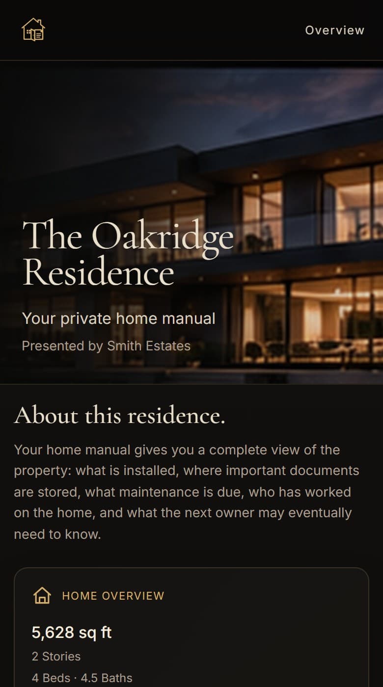 The Oakridge Residence home manual on a phone: the overview page with the house photograph and the first record card